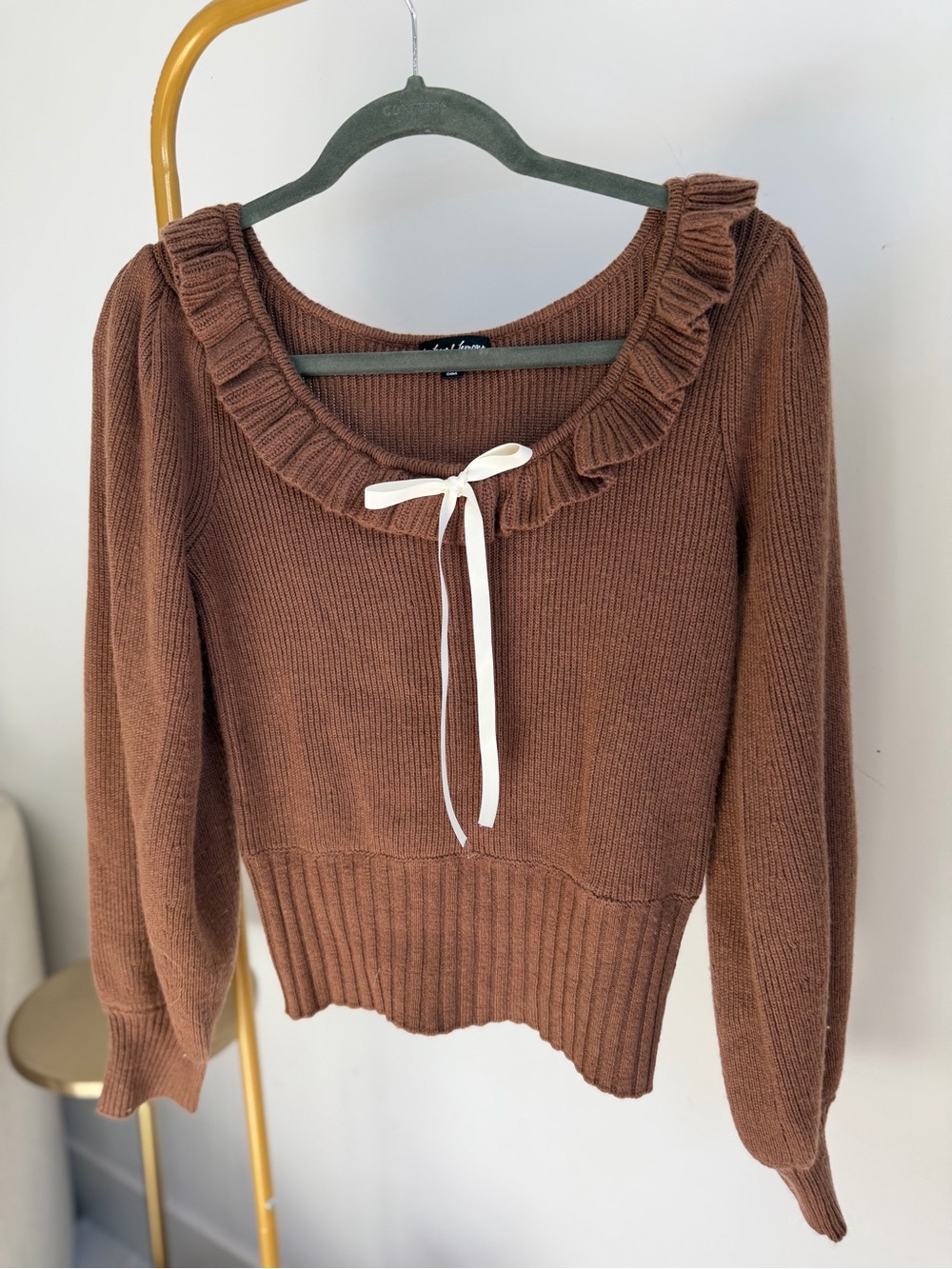 For Love & Lemons Brown Ruffle-Neck Sweater with Front Tie